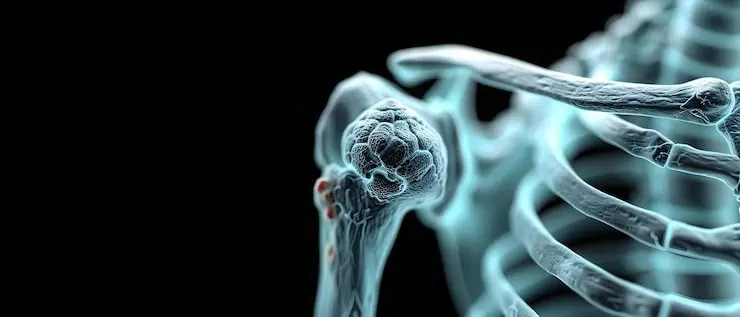 Detailed medical illustration of shoulder joint and bones for pain treatment.